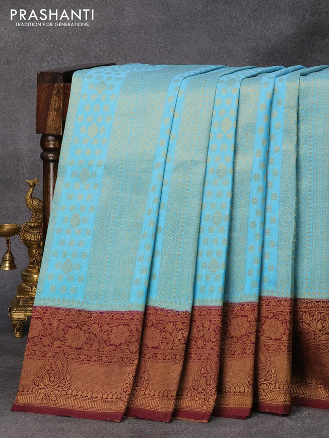 Banarasi semi crepe silk saree light blue and deep wine shade with allover zari weaves and zari woven border - {{ collection.title }} by Prashanti Sarees