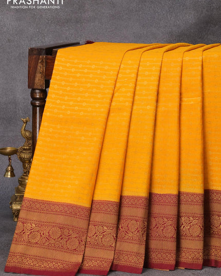Banarasi semi crepe silk saree mango yellow and maroon with allover zari weaves and zari woven border - {{ collection.title }} by Prashanti Sarees