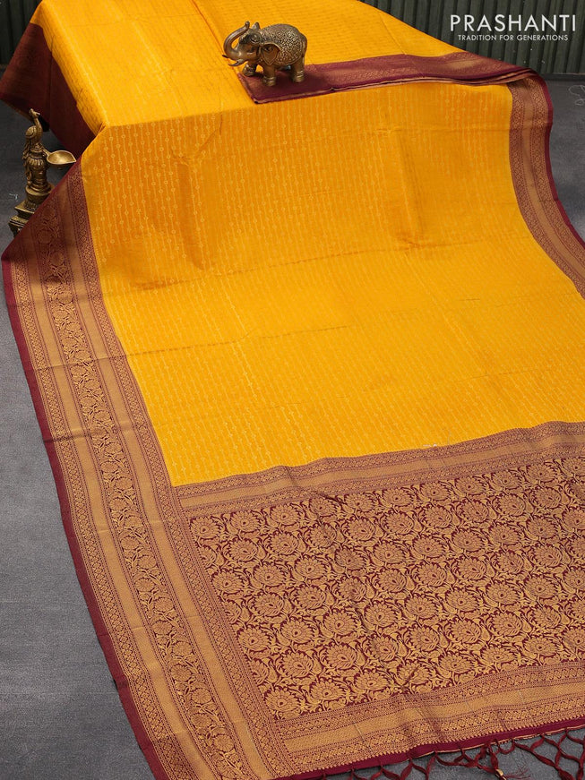 Banarasi semi crepe silk saree mango yellow and maroon with allover zari weaves and zari woven border - {{ collection.title }} by Prashanti Sarees