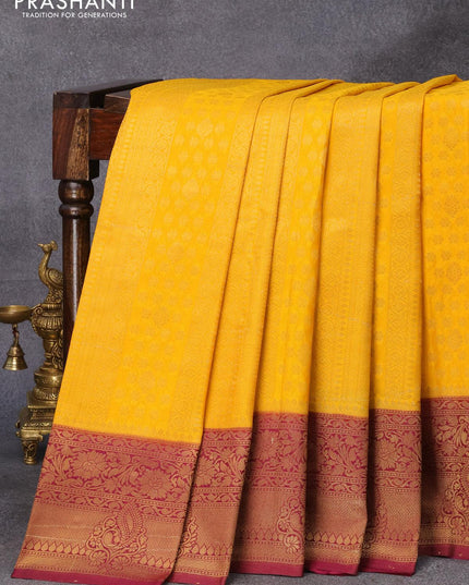 Banarasi semi crepe silk saree mango yellow and wine shade with allover zari weaves and zari woven border - {{ collection.title }} by Prashanti Sarees