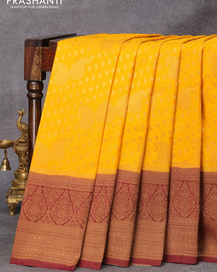 Banarasi semi crepe silk saree mango yellow and wine shade with allover zari woven paisley butta weaves and long zari woven border - {{ collection.title }} by Prashanti Sarees