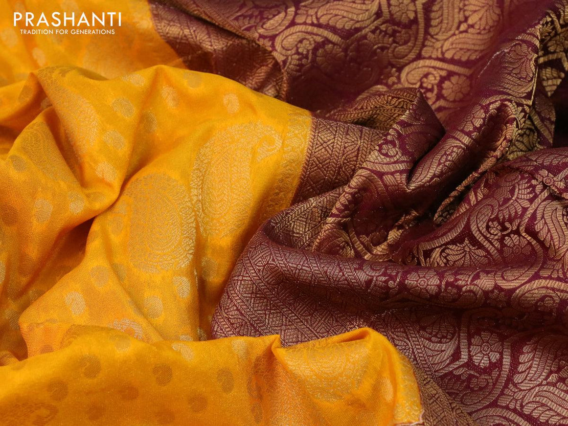 Banarasi semi crepe silk saree mango yellow and wine shade with allover zari woven paisley butta weaves and long zari woven border - {{ collection.title }} by Prashanti Sarees