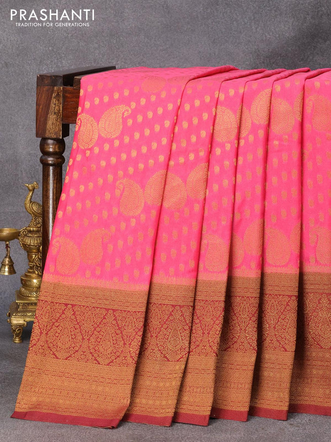 Banarasi semi crepe silk saree pink and maroon with allover zari woven paisley butta weaves and long zari woven border - {{ collection.title }} by Prashanti Sarees