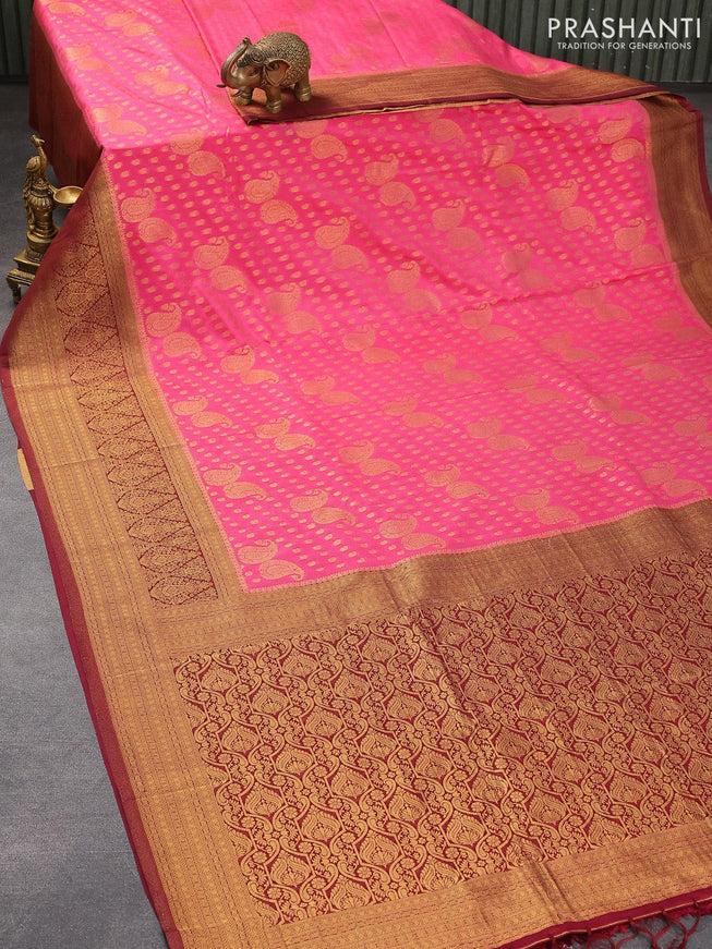 Banarasi semi crepe silk saree pink and maroon with allover zari woven paisley butta weaves and long zari woven border - {{ collection.title }} by Prashanti Sarees