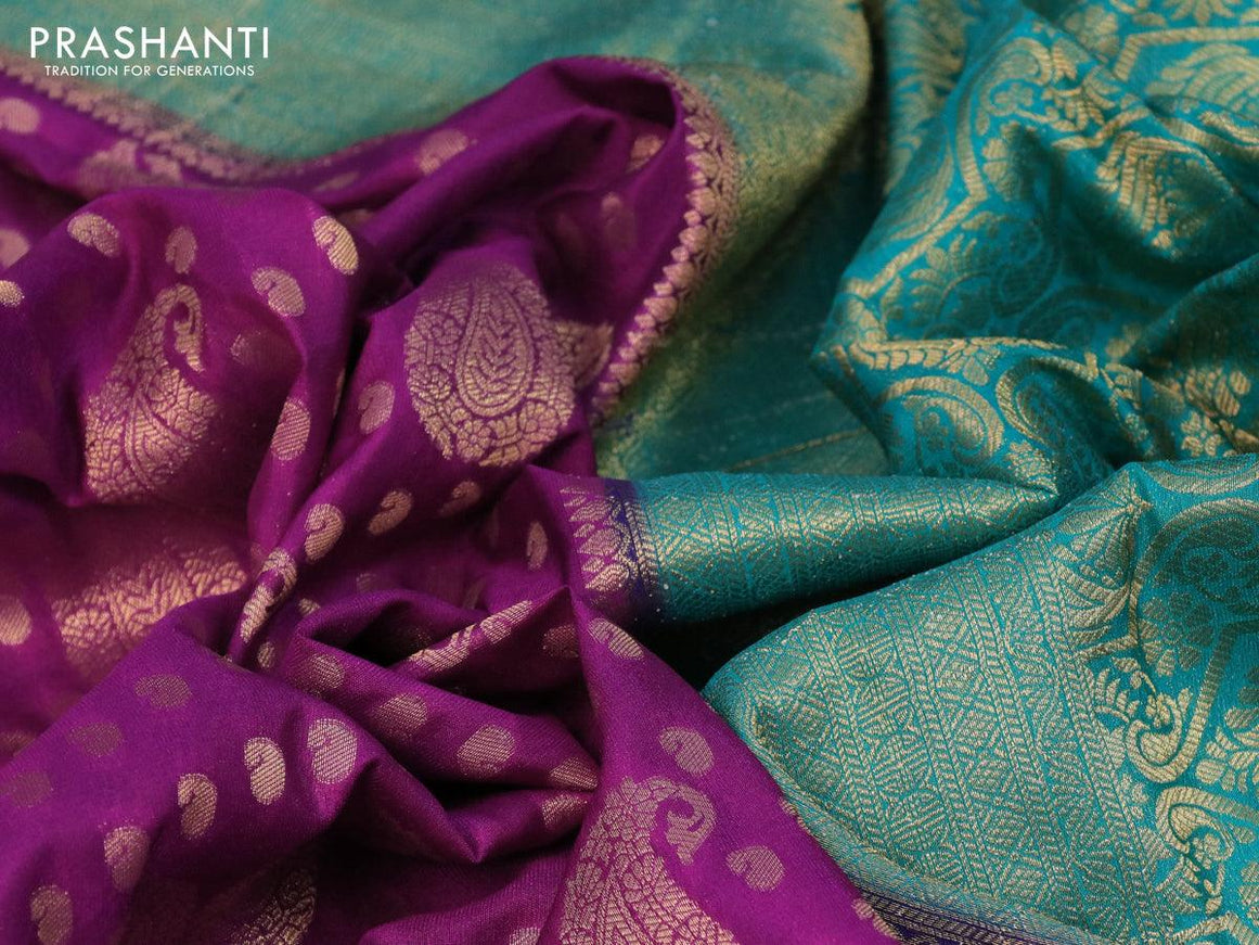 Banarasi semi crepe silk saree purple and teal blue with allover zari woven paisley butta weaves and long zari woven border - {{ collection.title }} by Prashanti Sarees