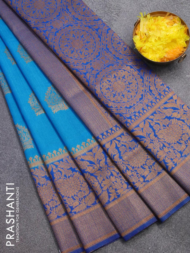 Banarasi semi dupion saree cs blue and blue with allover thread & zari woven buttas and long zari woven border - {{ collection.title }} by Prashanti Sarees