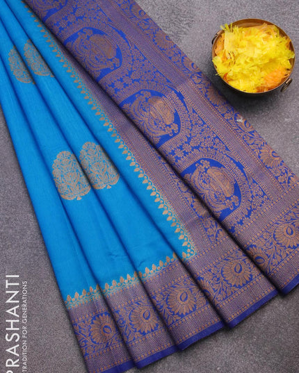 Banarasi semi dupion saree cs blue and blue with thread & zari woven buttas and zari woven border - {{ collection.title }} by Prashanti Sarees