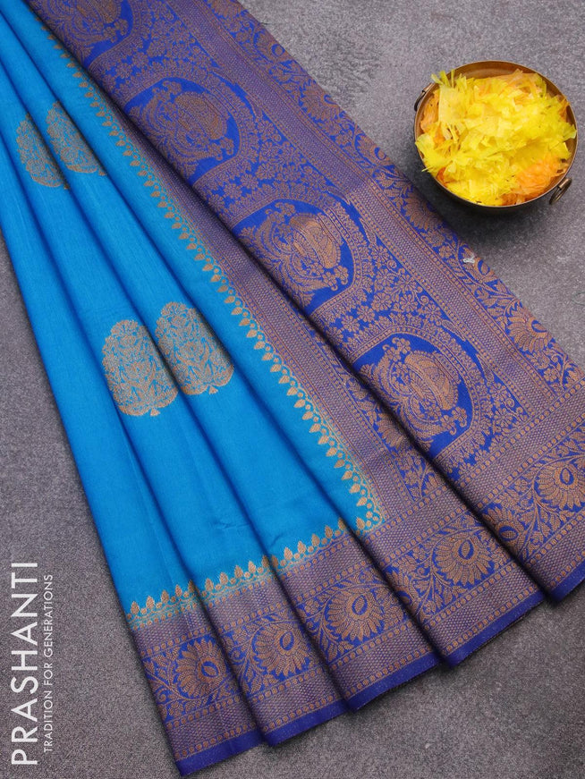 Banarasi semi dupion saree cs blue and blue with thread & zari woven buttas and zari woven border - {{ collection.title }} by Prashanti Sarees
