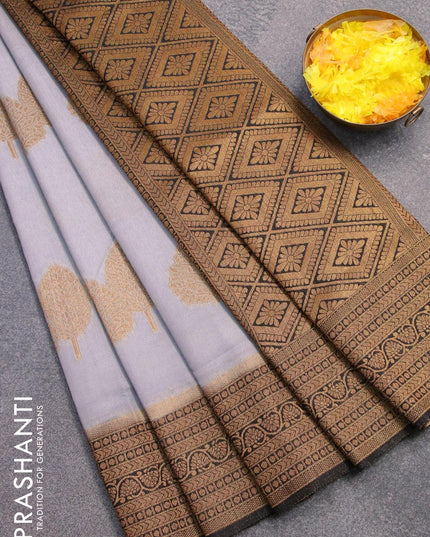 Banarasi semi dupion saree grey and black with allover thread & zari woven buttas and zari woven border - {{ collection.title }} by Prashanti Sarees