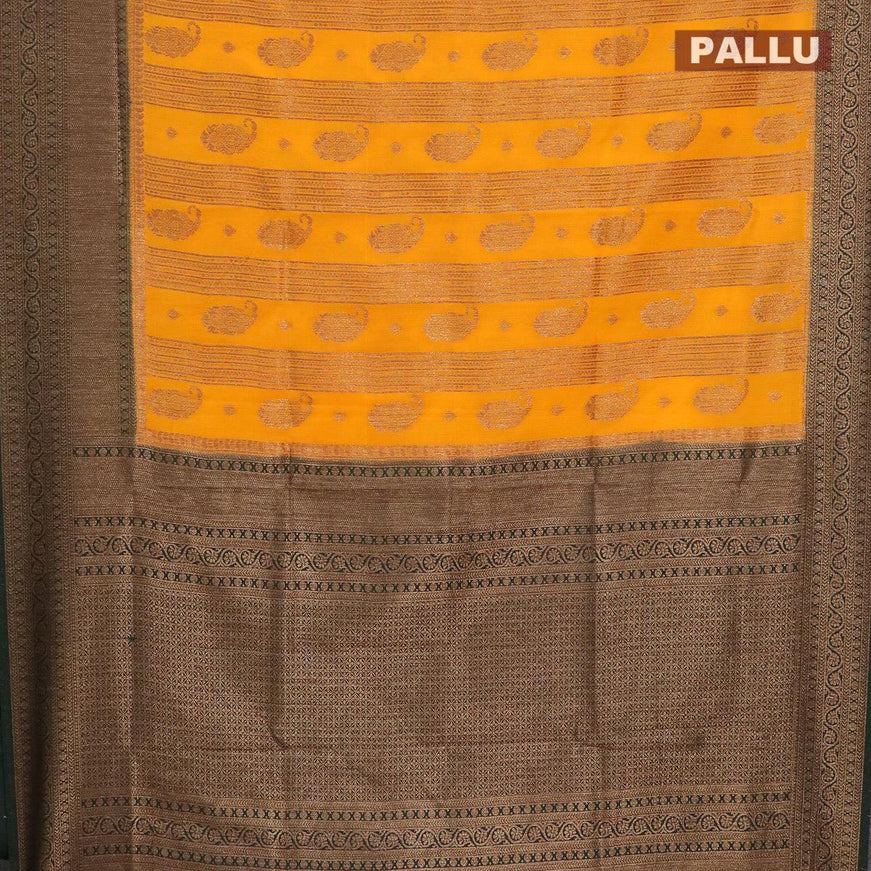 Banarasi semi dupion saree mango yellow and bottle green with allover thread & zari weaves and zari woven border - {{ collection.title }} by Prashanti Sarees