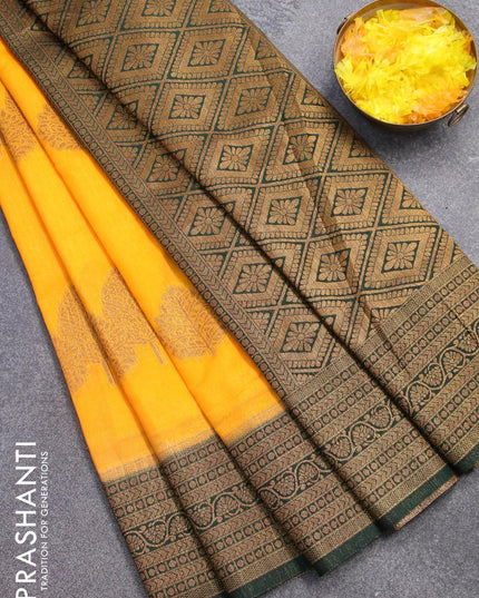 Banarasi semi dupion saree mango yellow and bottle green with allover thread & zari woven buttas and zari woven border - {{ collection.title }} by Prashanti Sarees