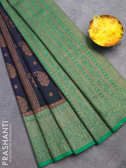 Banarasi semi dupion saree navy blue and green with allover thread & zari weaves and zari woven border - {{ collection.title }} by Prashanti Sarees