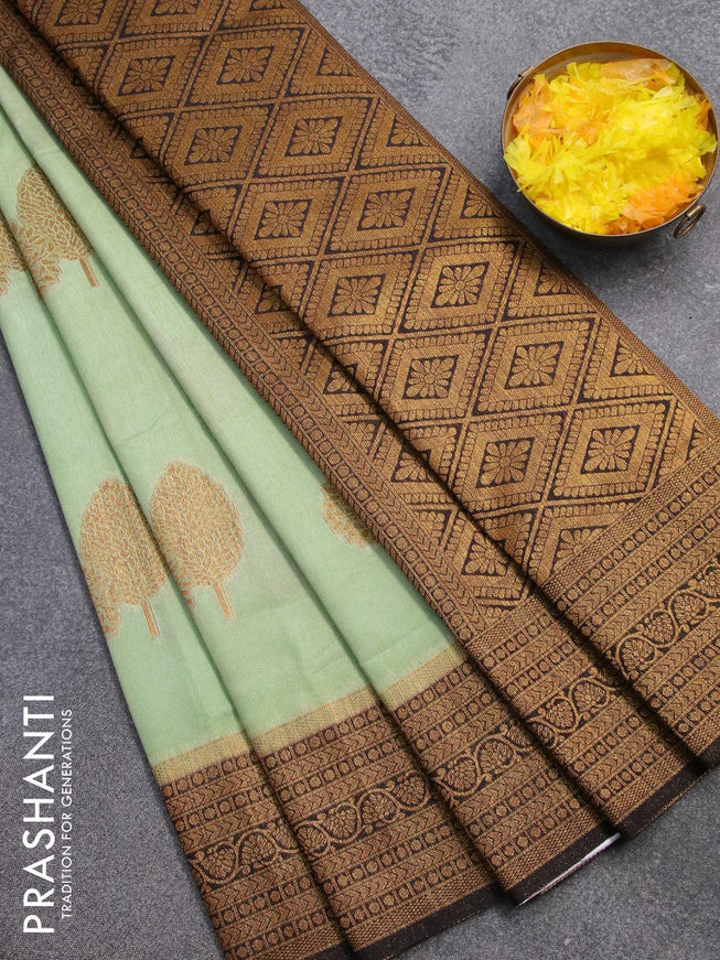 Banarasi semi dupion saree pastel green and deep coffee brown with allover thread & zari woven buttas and zari woven border - {{ collection.title }} by Prashanti Sarees