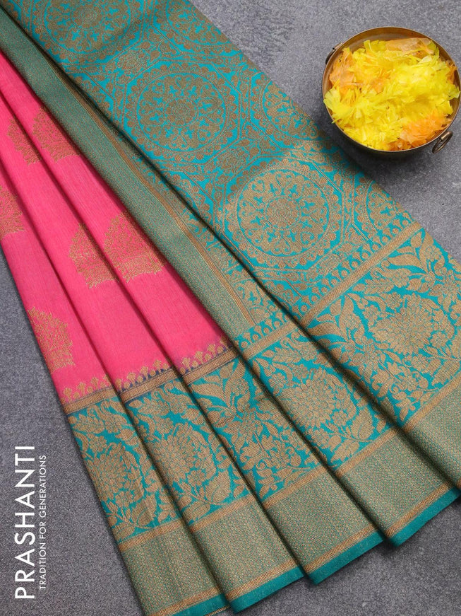 Banarasi semi dupion saree pink and teal blue with allover thread & zari woven buttas and long zari woven border - {{ collection.title }} by Prashanti Sarees