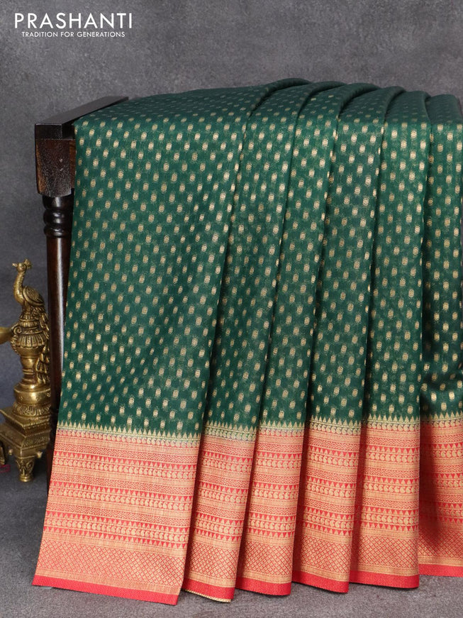 Banarasi semi georgette saree bottle green and red with with allover zari woven butta weaves and zari woven border - {{ collection.title }} by Prashanti Sarees