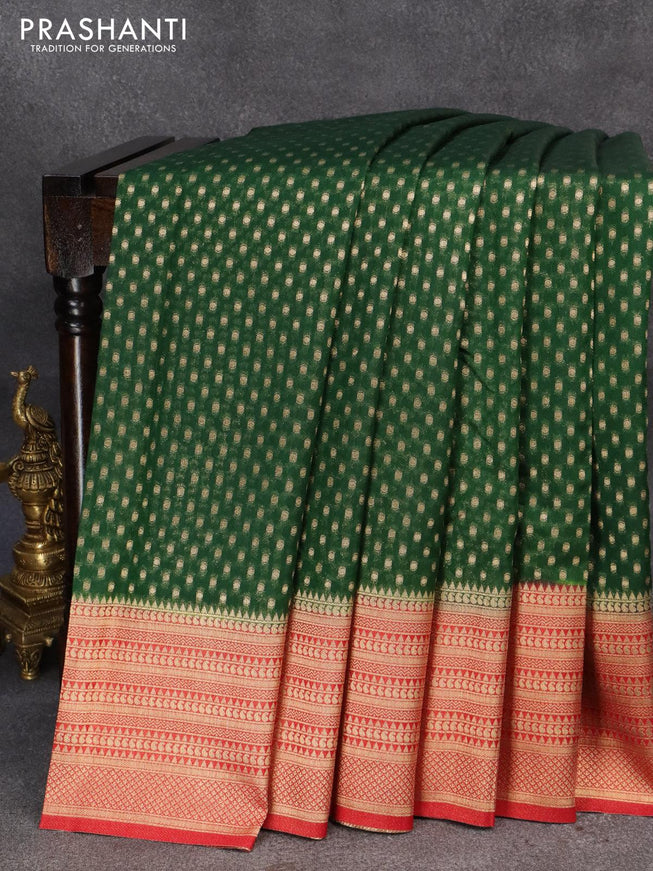 Banarasi semi georgette saree dark green and red with with allover zari woven butta weaves and zari woven border - {{ collection.title }} by Prashanti Sarees