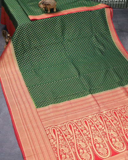 Banarasi semi georgette saree dark green and red with with allover zari woven butta weaves and zari woven border - {{ collection.title }} by Prashanti Sarees