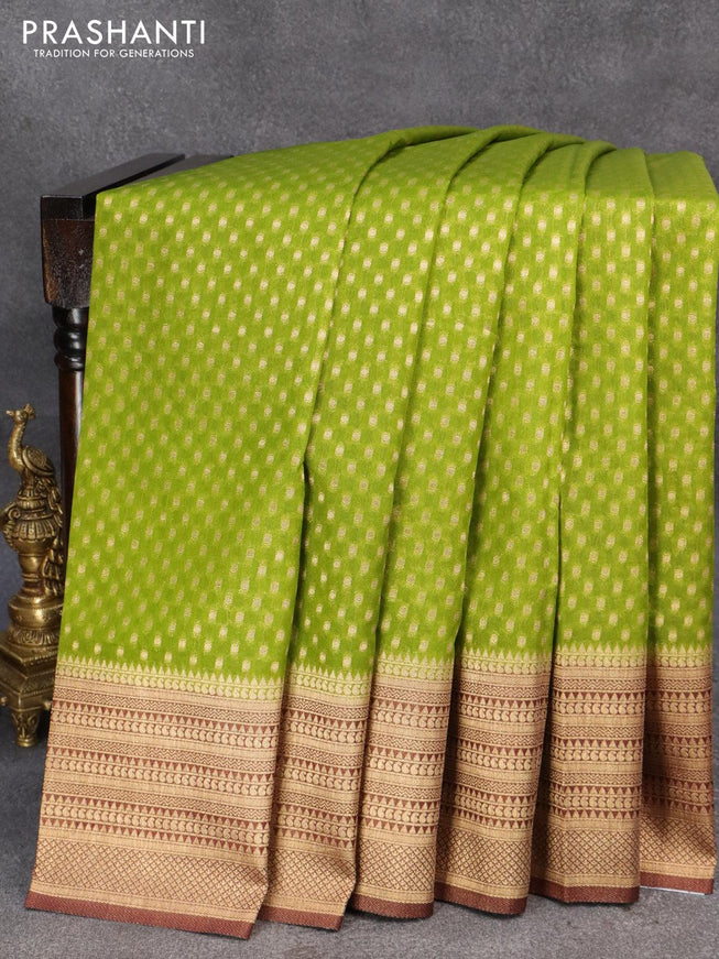 Banarasi semi georgette saree mehendi green and brown with with allover zari woven butta weaves and zari woven border - {{ collection.title }} by Prashanti Sarees