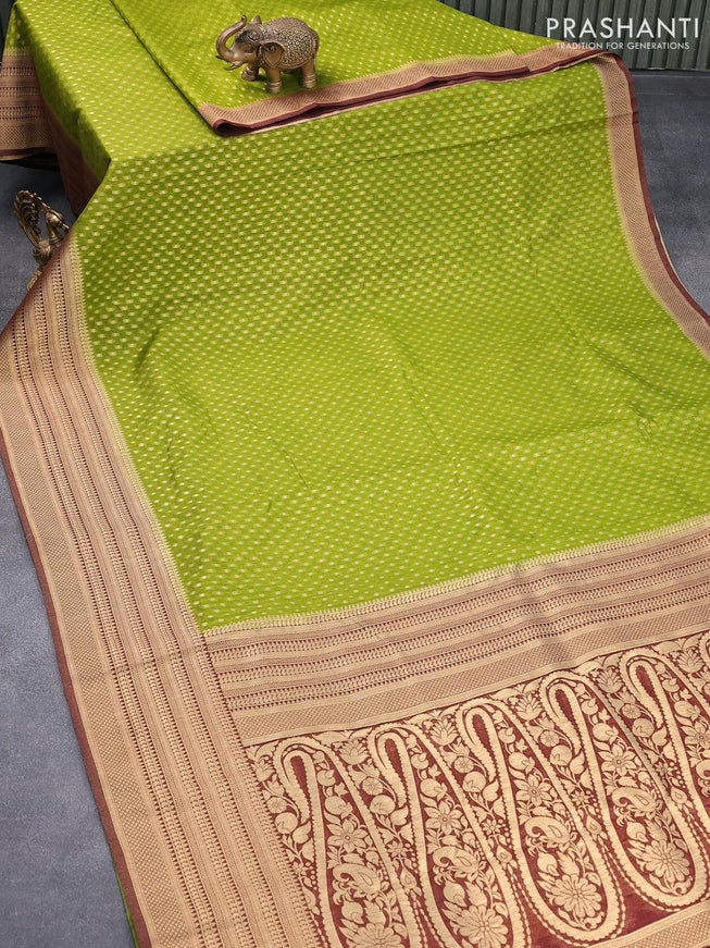 Banarasi semi georgette saree mehendi green and brown with with allover zari woven butta weaves and zari woven border - {{ collection.title }} by Prashanti Sarees