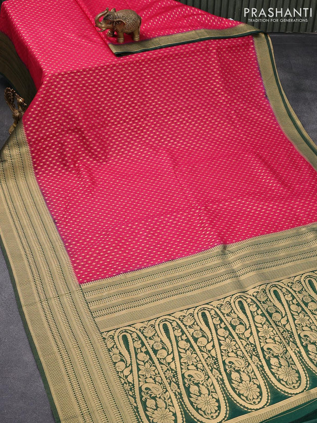 Banarasi semi georgette saree pink and bottle green with with allover zari woven butta weaves and zari woven border - {{ collection.title }} by Prashanti Sarees