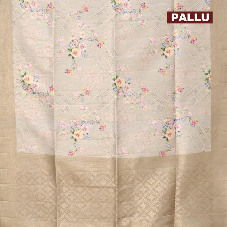 Banarasi softy silk saree beige and dark beige with allover zari weaves & floral digital prints and zari woven border - {{ collection.title }} by Prashanti Sarees