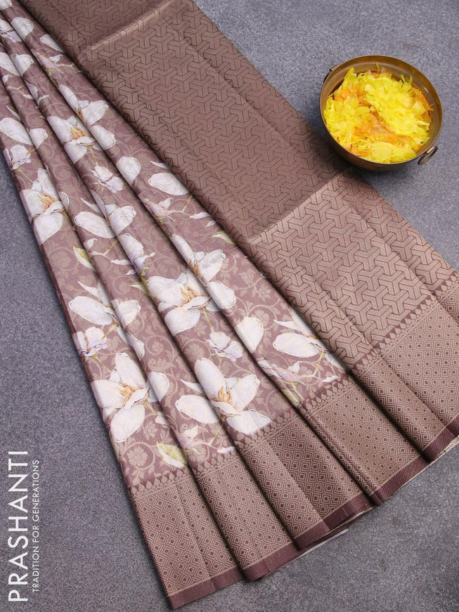 Banarasi softy silk saree brown with allover zari weaves & floral digital prints and zari woven border - {{ collection.title }} by Prashanti Sarees