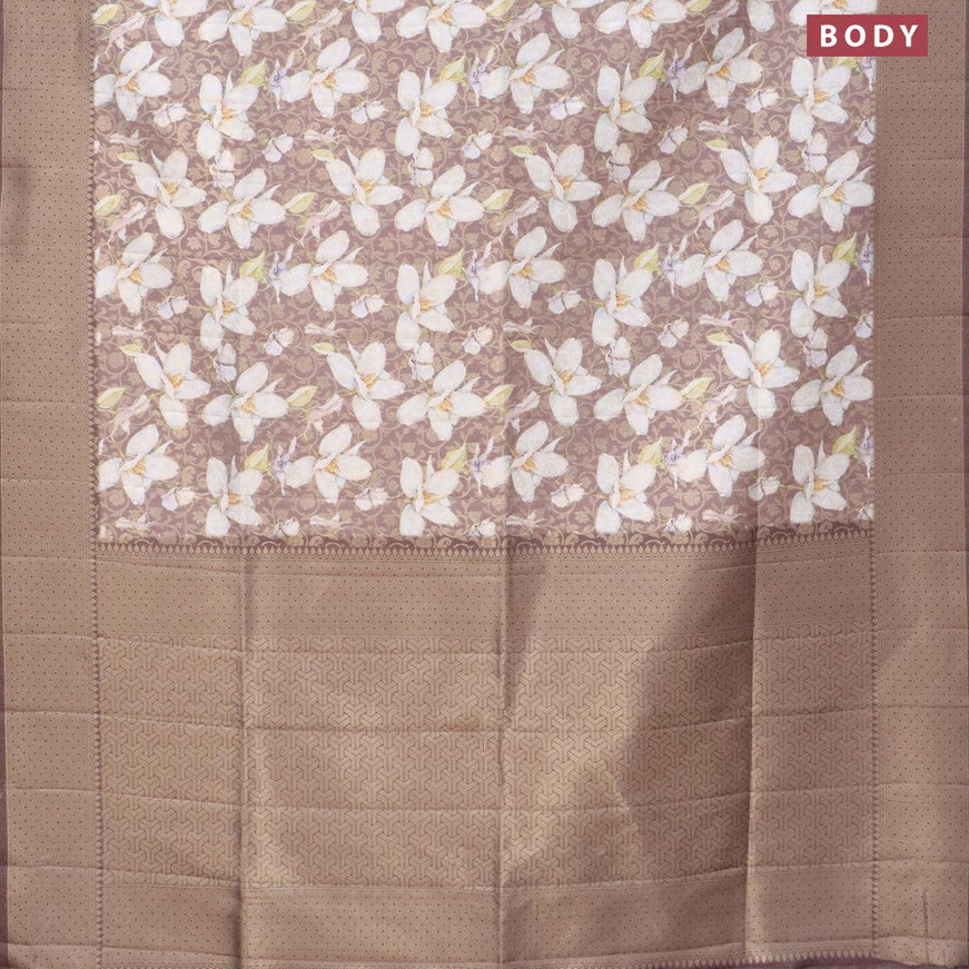 Banarasi softy silk saree brown with allover zari weaves & floral digital prints and zari woven border - {{ collection.title }} by Prashanti Sarees