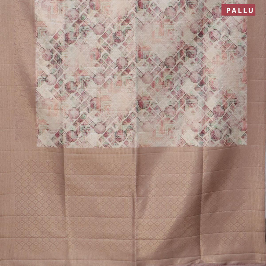 Banarasi softy silk saree cream and pastel brown shade with allover zari weaves & geometric digital prints and long zari woven border - {{ collection.title }} by Prashanti Sarees