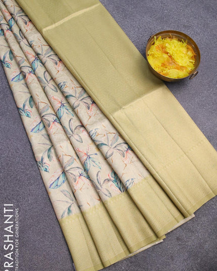 Banarasi softy silk saree cream and yellow shade with allover zari weaves & floral digital prints and zari woven border - {{ collection.title }} by Prashanti Sarees