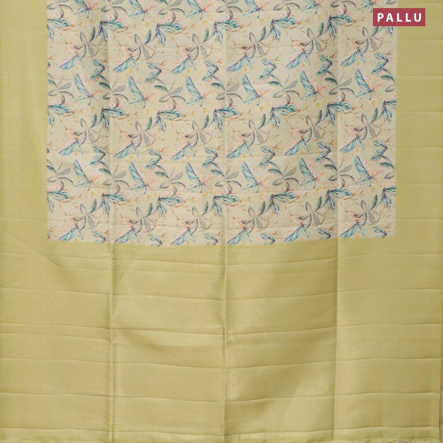 Banarasi softy silk saree cream and yellow shade with allover zari weaves & floral digital prints and zari woven border - {{ collection.title }} by Prashanti Sarees
