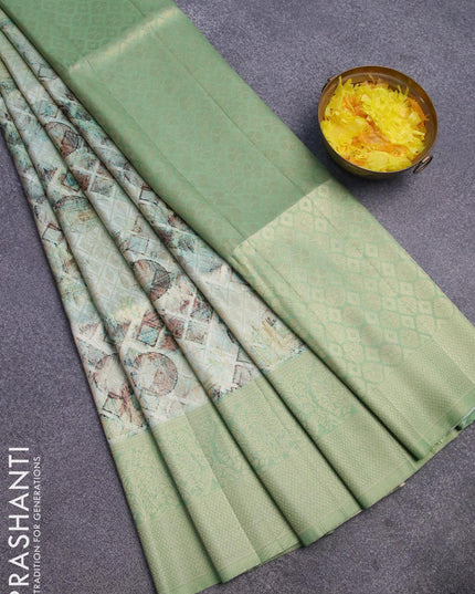 Banarasi softy silk saree green shade and green with allover zari weaves & geometric digital prints and long zari woven border - {{ collection.title }} by Prashanti Sarees