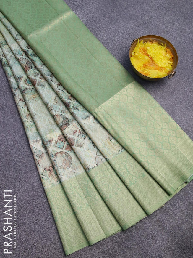 Banarasi softy silk saree green shade and green with allover zari weaves & geometric digital prints and long zari woven border - {{ collection.title }} by Prashanti Sarees