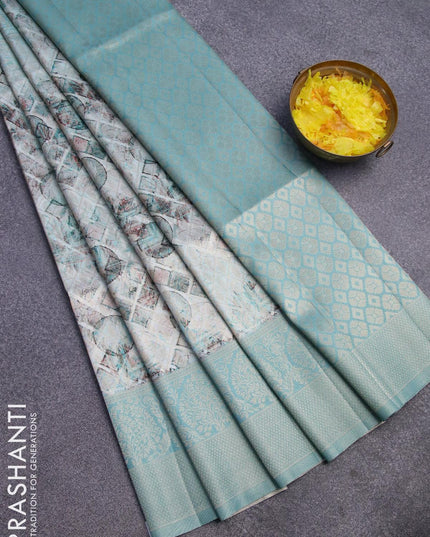 Banarasi softy silk saree light blue shade and pastel blue with allover zari weaves & geometric digital prints and long zari woven border - {{ collection.title }} by Prashanti Sarees