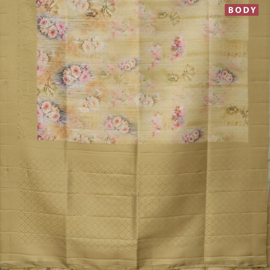 Banarasi softy silk saree multi colour and khaki shade with allover zari weaves & floral digital prints and long zari woven border - {{ collection.title }} by Prashanti Sarees
