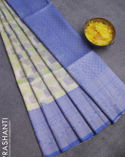 Banarasi softy silk saree off white and blue with allover zari weaves & geometric prints and long zari woven border - {{ collection.title }} by Prashanti Sarees