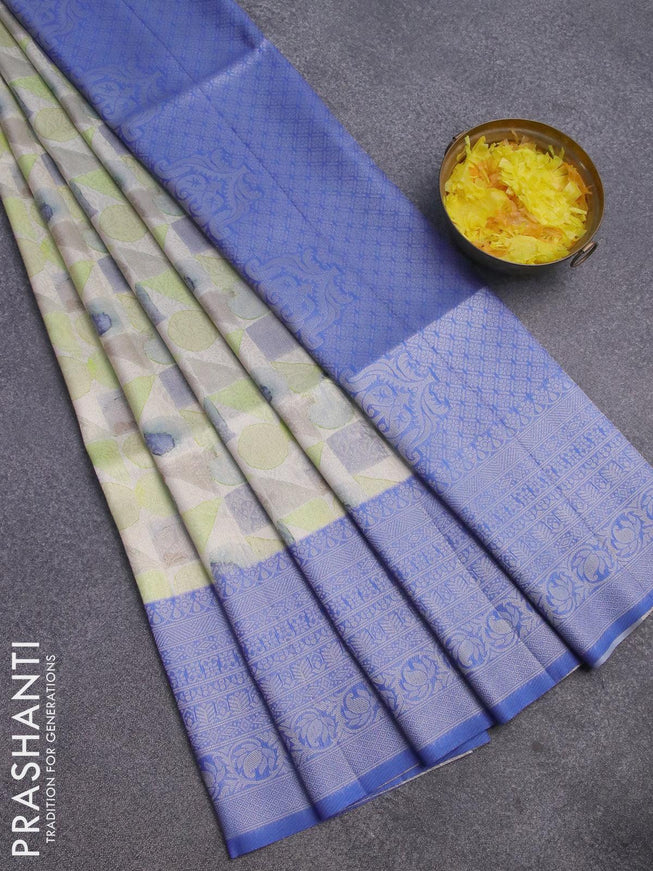 Banarasi softy silk saree off white and blue with allover zari weaves & geometric prints and long zari woven border - {{ collection.title }} by Prashanti Sarees