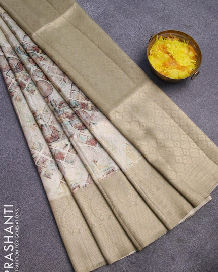 Banarasi softy silk saree off white and dark beige with allover zari weaves & geometric digital prints and long zari woven border - {{ collection.title }} by Prashanti Sarees
