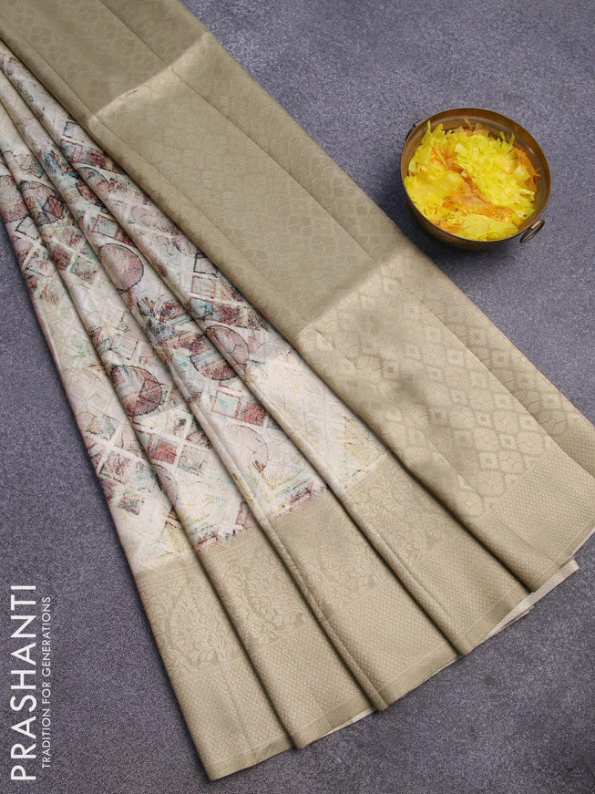 Banarasi softy silk saree off white and dark beige with allover zari weaves & geometric digital prints and long zari woven border - {{ collection.title }} by Prashanti Sarees