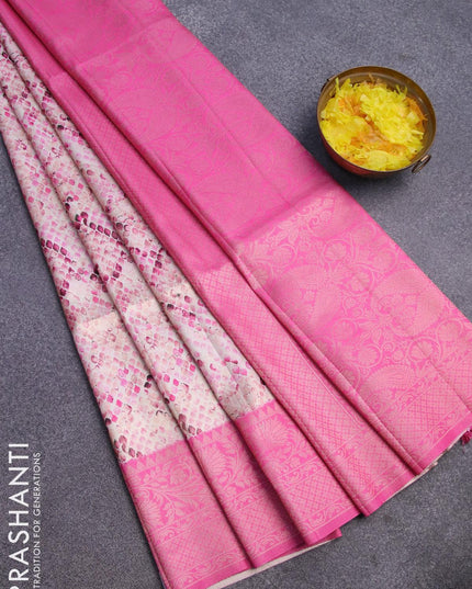 Banarasi softy silk saree off white and pink with allover zari weaves & geometric digital prints and zari woven border - {{ collection.title }} by Prashanti Sarees