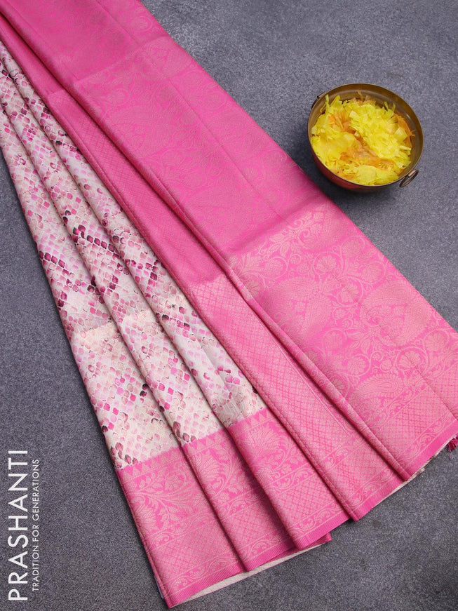 Banarasi softy silk saree off white and pink with allover zari weaves & geometric digital prints and zari woven border - {{ collection.title }} by Prashanti Sarees
