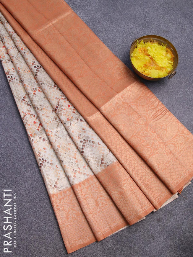 Banarasi softy silk saree off white and rustic orange with allover zari weaves & geometric digital prints and zari woven border - {{ collection.title }} by Prashanti Sarees