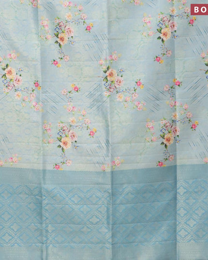 Banarasi softy silk saree pastel blue with allover zari weaves & floral digital prints and zari woven border - {{ collection.title }} by Prashanti Sarees