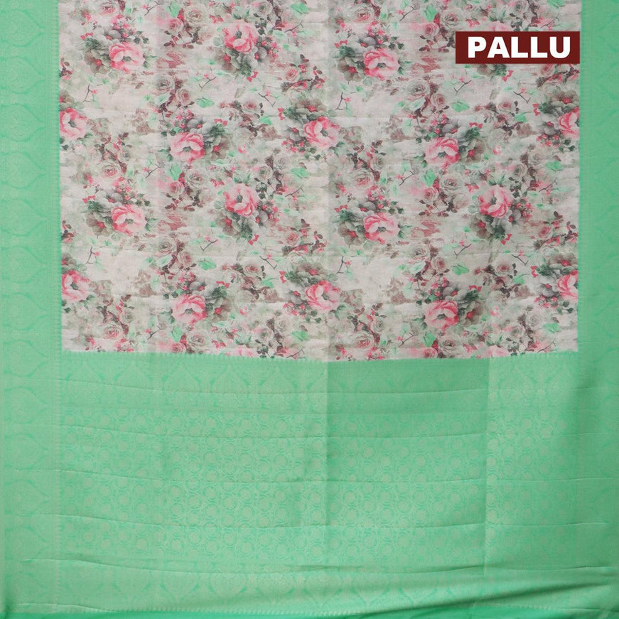 Banarasi softy silk saree pastel grey and teal green with allover zari weaves & floral digital prints and long zari woven border - {{ collection.title }} by Prashanti Sarees