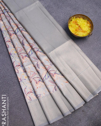 Banarasi softy silk saree pastel grey with allover zari weaves & floral digital prints and zari woven border - {{ collection.title }} by Prashanti Sarees