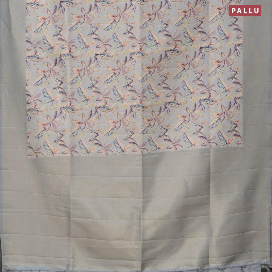 Banarasi softy silk saree pastel grey with allover zari weaves & floral digital prints and zari woven border - {{ collection.title }} by Prashanti Sarees