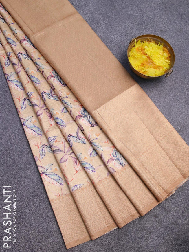 Banarasi softy silk saree sandal and dark sandal with allover zari weaves & floral digital prints and zari woven border - {{ collection.title }} by Prashanti Sarees