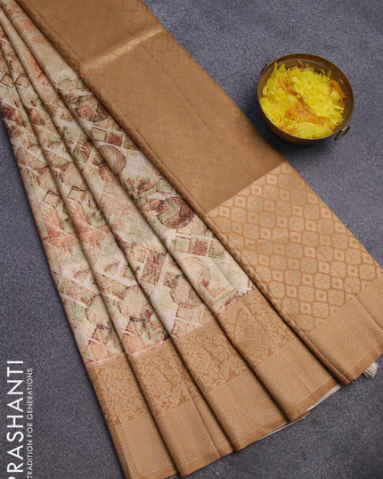 Banarasi softy silk saree sandal and dark sandal with allover zari weaves & geometric digital prints and long zari woven border - {{ collection.title }} by Prashanti Sarees