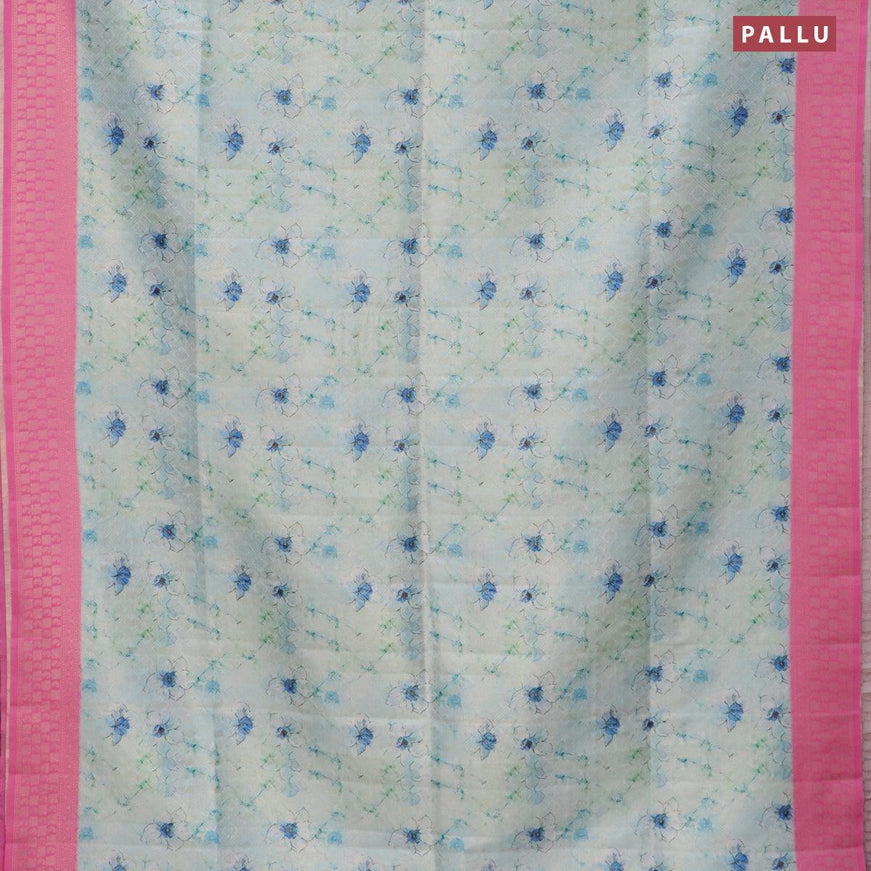 Banarasi softy silk saree teal blue and pink with allover zari weaves & floral digital prints and zari woven border - {{ collection.title }} by Prashanti Sarees