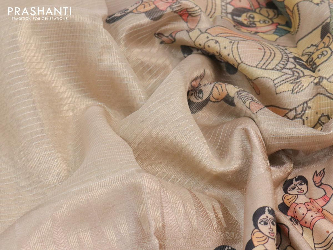 Banarasi tissue organza saree beige with plain body and kalamkari printed border - {{ collection.title }} by Prashanti Sarees