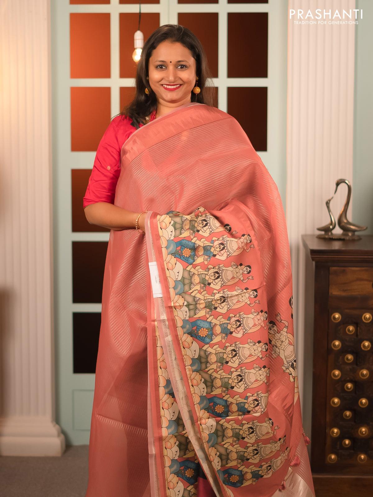 Banarasi tissue organza saree maroon shade with plain body and